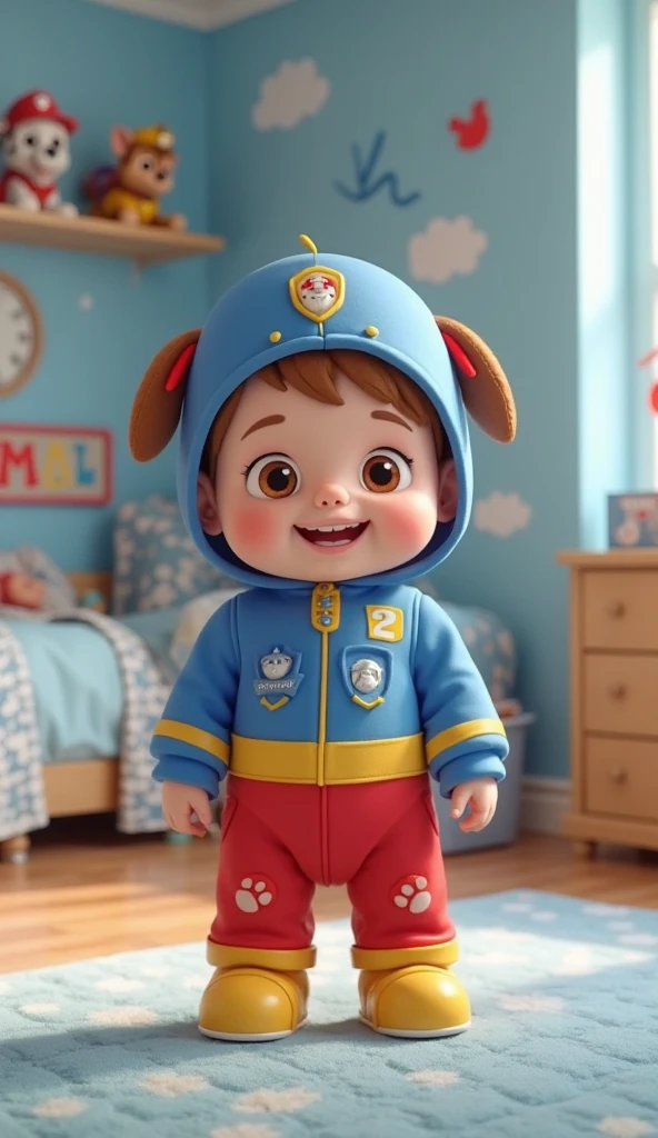 Believe me, a white boy, with brown hair , more or less the size of your shoulders, dark brown eyes, with yellow paw patrol pajamas, and blue socks