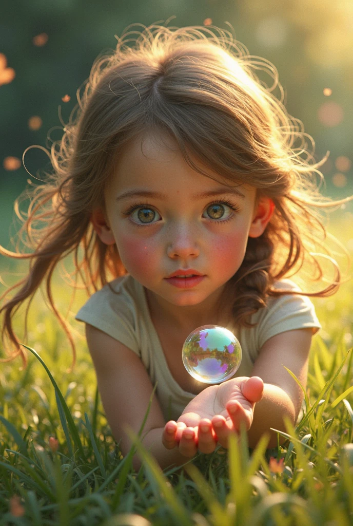 realistic 3d render of a child having fun with soap bubbles in a grass yard of a futuristic scenario --auto --s2