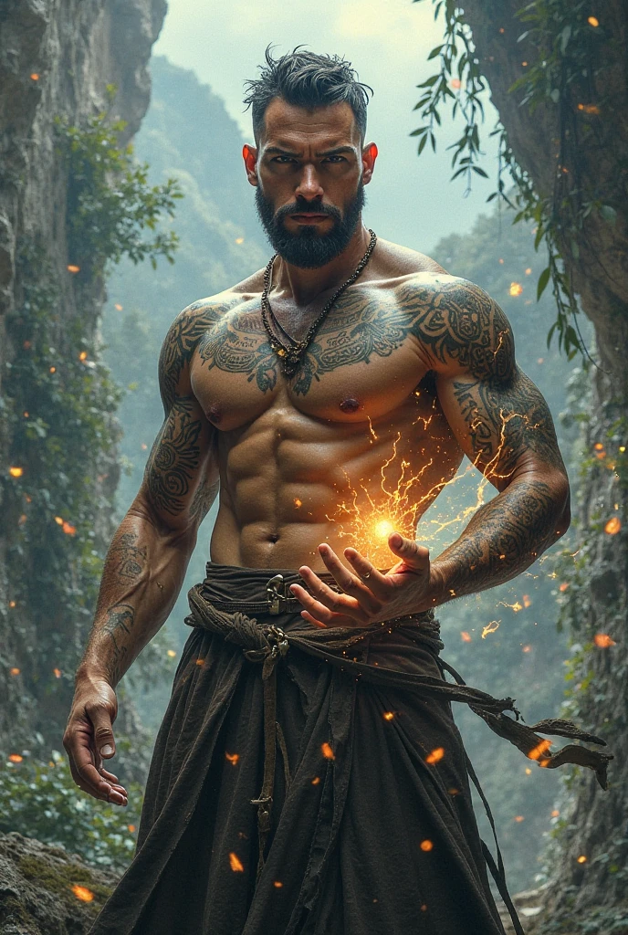 hyperrealistic image of extremely handsome 30 year old indian man, muscular bodybuilder, stylish hairstyle, have glistening body, wearing a magical crystal necklace and traditional pants, in ancient temple 