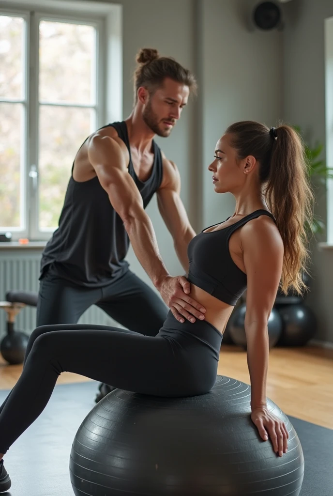 ( tall fitness woman Chloe Kardashian strong woman hands )(woman hands holding at neck of shorter man head at her neck level from behind )(standing whole body tall comparison) (very different tall heights)(wearing office manager )(close to windows ) . High resolution. 8K, very high definition,real people captured camera ., photo
