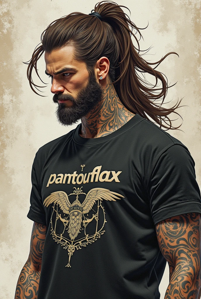 Muscular white goat with light-eyed beard. Black chemise with keychain that says long live chorus and long live Yorfrank.