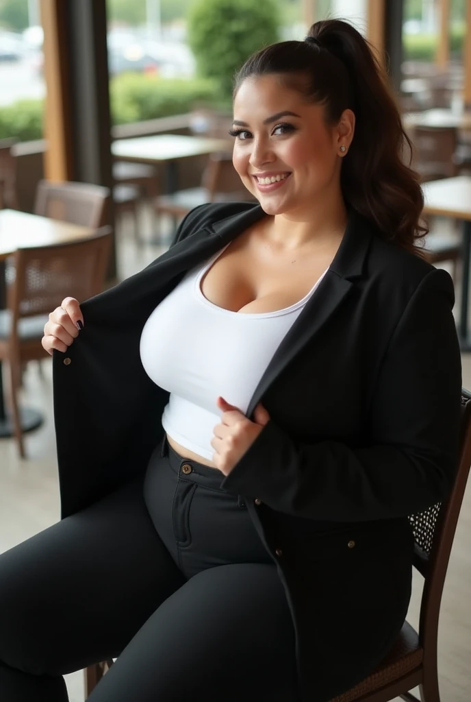 (abdl:1.4), she is looking up at the camera, amazingly stunningly beautiful (doll-sized:1.4) 21-year-old (Denise Milani:1.5) (wearing an oversized pinstriped suit and a short skirt and stiletto heels:1.4), (sitting in oversized highchair:1.4), high table, (gigantic breasts:1.5), grinning, (pale skin:1.4), ( busy restaurant in background:1.2)