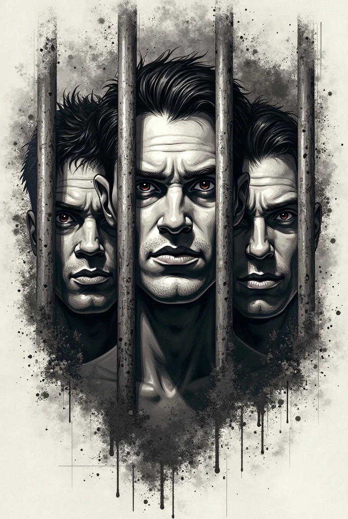 black and whitecomic image of topless clothed group of three men screaming eyes wide open,mouth wide open and their scalp open and cerebrum is showing with wires leading to a big top hand