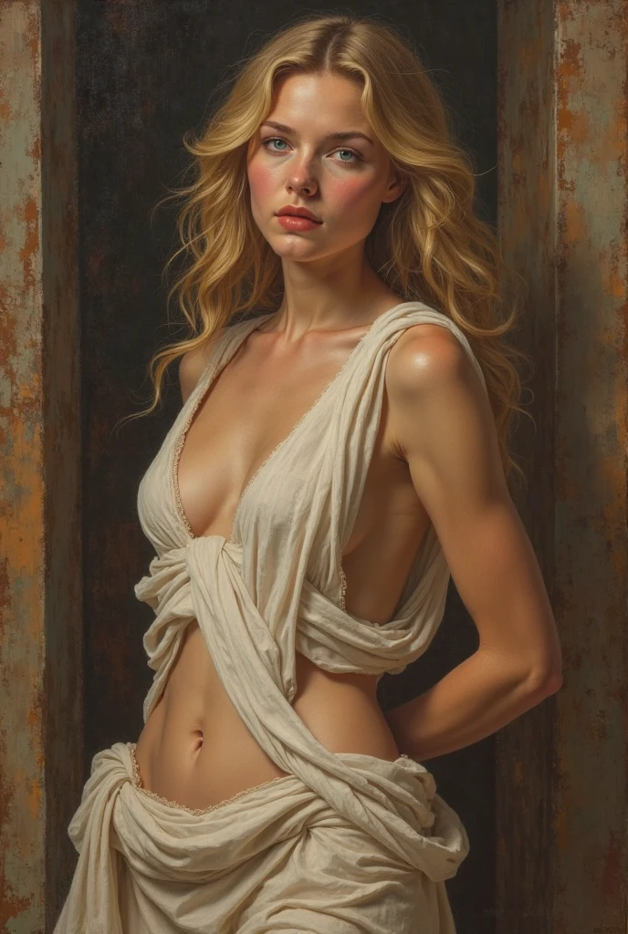 amazingly beautiful slave Blake Lively, standing full body view, crying_tears, erotic pose, nice breasts, oiled skin, pubic hair, white background, professional photography, glamorous portrait, masterpiece, 4k, highly detailed, undress