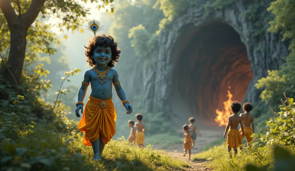 There is a big boy who has a peacock feather on his head and a red colored cloth tied around his waist. He is wearing a saffron colored dress and a havan is being performed in front of that child and a fire is burning in this havan. Yogis are sitting all around
