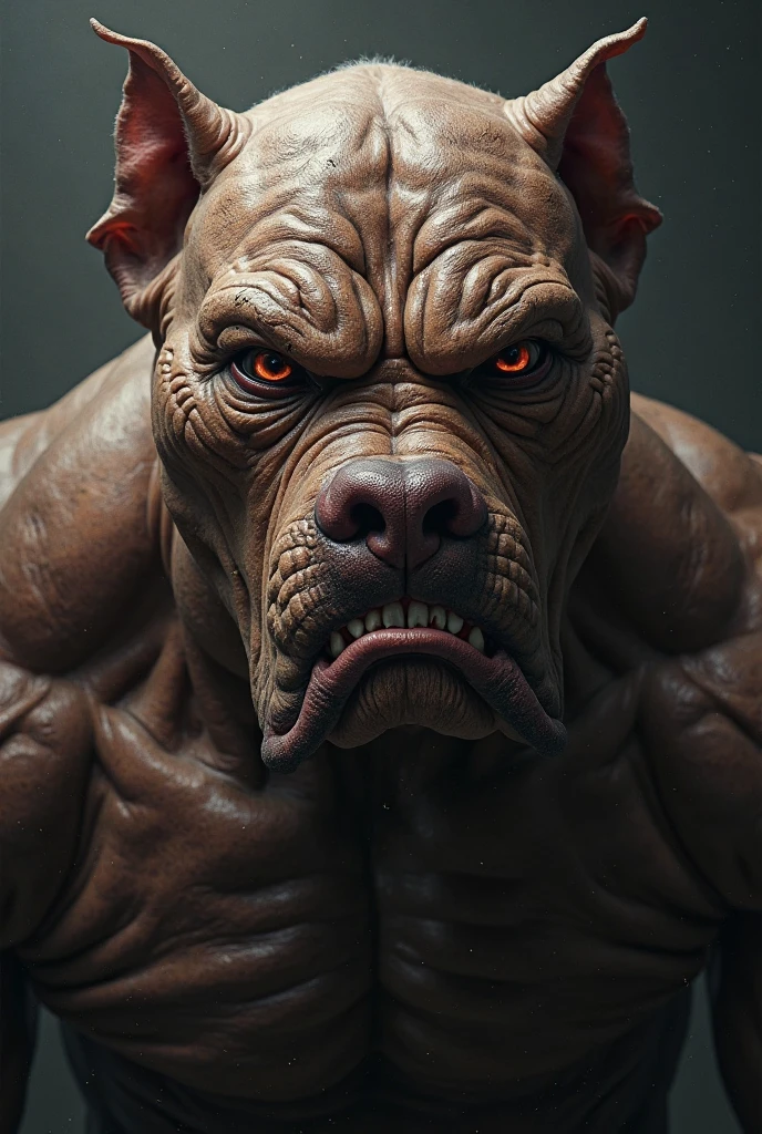 A muscular Pitbullman, dogman, highly detailed portrait, beautiful detailed eyes, beautiful detailed lips, extremely detailed face and features, sharp focus, hyper realistic, 3d render, dramatic lighting, chiaroscuro, cinematic, fantasy, dark, moody, brooding, intense expression