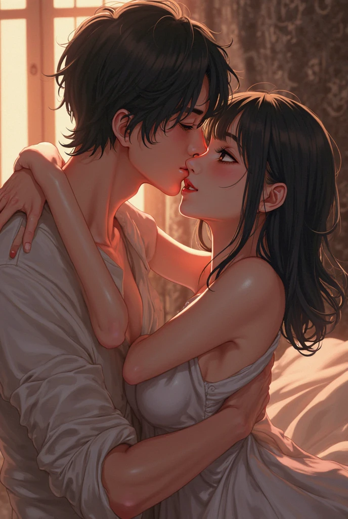 Young boy and sexy MILF kissing and making out passionately in bed, dim lighting, sexy, hot, lustful