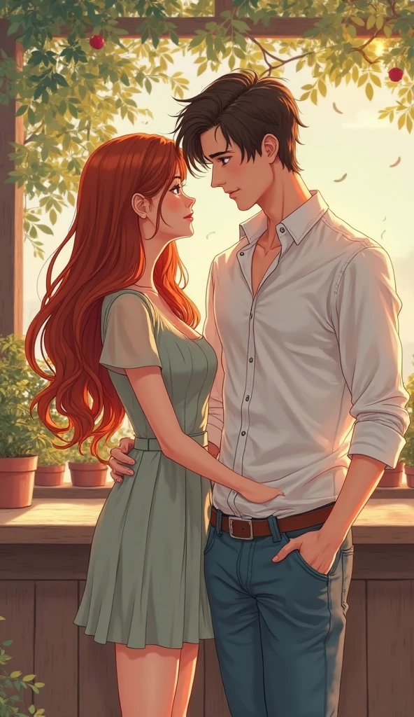 An attractive guy with short, messy hair, wearing a white shirt, holding a lily while talking to a red-haired woman in a provocative and flirtatious manner.