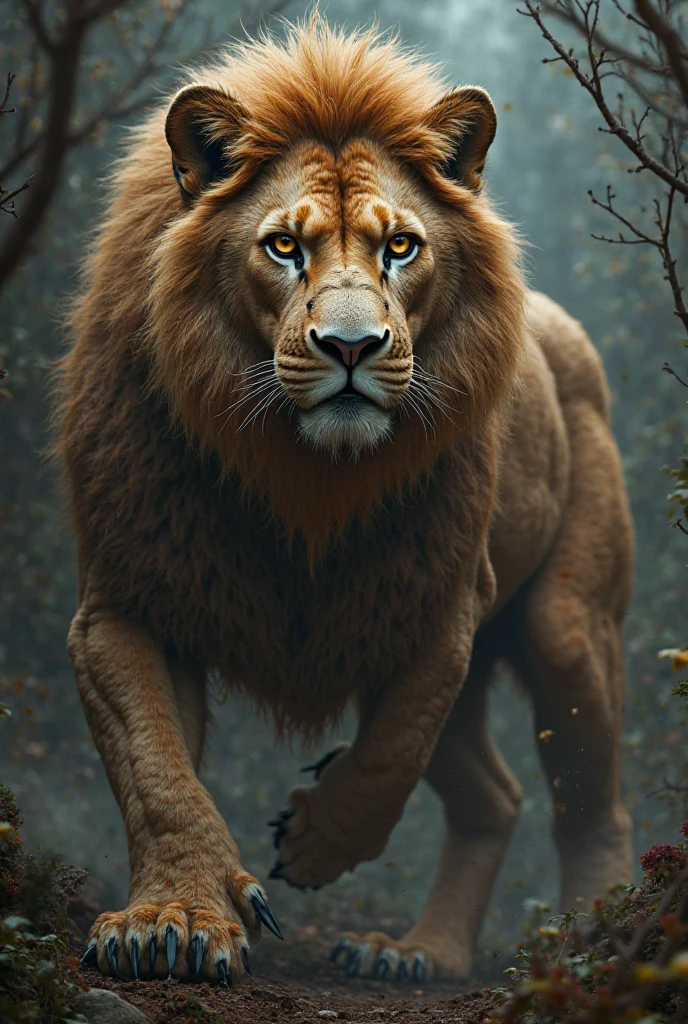 A druid transforming into a lion in a cold forest