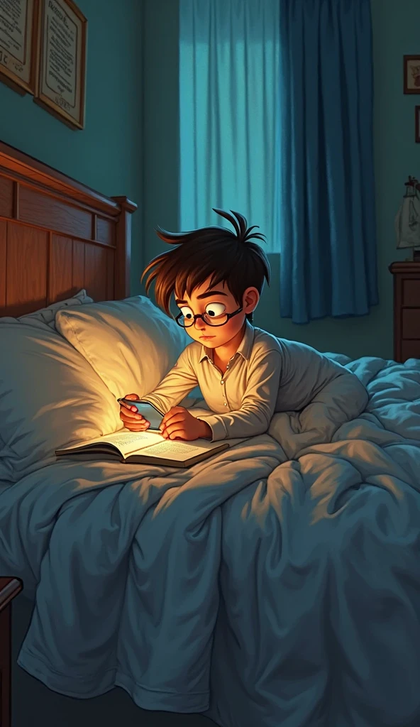 guttonerdvision3, Create an illustration that depicts a 3-year-old boy wearing glasses, with well-detailed facial features, lying peacefully on his bed. He's tucked in comfortably, his head resting on a pillow, sleepy. The room is adorned with shelves filled with stuffed animals, creating a cozy and playful atmosphere.
Outside the house it's dark night. The lighting in the room is minimal, coming only from a bedside lamp. The rest of the room is shrouded in darkness, with the only light illuminating the immediate surroundings of the sleeping boy. The window is covered by a thin curtain, allowing a subtle glow from the outside to filter inward.
Pay meticulous attention to detail as you capture the features of the boy's face, the texture of his skin, and the way his glasses rest on his nose. Render the softness of the bedding and the comfort of your sleep with delicate brushstrokes, creating a sense of tranquility.
Shelves full of plush toys should be depicted with meticulous precision, capturing the different textures and colors of each stuffed animal. Use shading techniques to convey depth and three-dimensionality, bringing the scene to life.
Incorporate the realism characteristic of Alex Ross' art style by paying attention to lighting and shadows. Play with subtle highlights and shadows to create a sense of depth and dimensionality throughout the illustration. Make sure the composition and proportions are accurate and visually appealing.
The end result should be a highly realistic and detailed illustration that depicts the tranquility and innocence of a 3-year-old boy sleeping peacefully in his decorated bedroom. The artwork should evoke a sense of serenity and tenderness, capturing the unique style and attention to detail that recalls the work of Alex Ross.