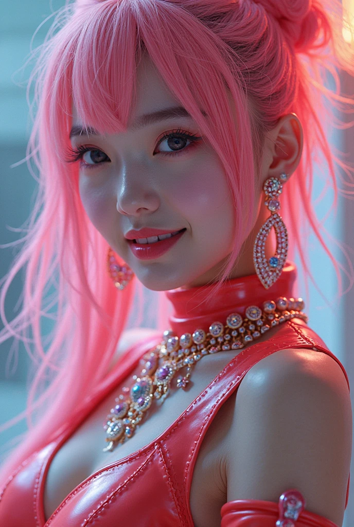 nsfw、sexy stylish female idol、glossy transparent lipstick、smiling face、defined eyebrows、ultra detailed bright makeup、very long lashes、full body Esbian、sheer latex dress（neon pink）、Colorful hair