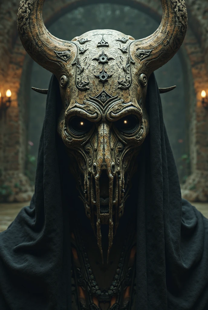 Imagine a sinister entity, a nightmarish figure standing at the crossroads of reality and the unknown, its form a chilling fusion of elegance and horror. Adorned with a tattered cloak that whispers secrets of forgotten epochs, it wears a towering hat, spiraled with horns etched in the runes of an ancient, undecipherable language. Its face, hidden behind a mask that exudes an air of malevolence, holds the power to reshape destinies with its inscrutable gaze. Rendered with the surreal intricacy of Remedios Varo and the dark whimsy of a twisted fairy tale, this creature is a master of disruption, a harbinger of the uncanny, captured in exquisite detail akin to the macro photography of Miki Asai. The composition, a masterpiece of sharp focus and meticulous detail, would find its place among the most hauntingly beautiful artworks on ArtStation, reminiscent of the evocative style of Greg Rutkowski.