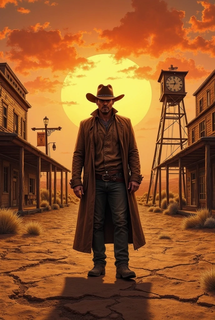 A lone cowboy stands defiantly in the sun-scorched heart of an Old West frontier town, his weathered duster coated in dust, eyes sharp beneath a shadowed Stetson. The horizon blazes with amber and crimson, the desert sun dipping low, casting elongated shadows across warped wooden storefronts, swinging saloon doors, and tumbleweeds skittering over cracked earth. Behind him, a skeletal clocktower creaks in the wind, hands frozen at high noon. The air thrums with tension — fingers hover near holstered revolvers, a wanted poster flaps violently on a splintered post, distant thunder echoes like gunfire. Wide-angle composition, vast arid expanse, dramatic chiaroscuro lighting