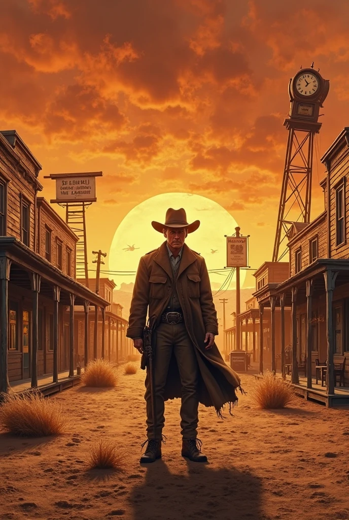 A lone cowboy stands defiantly in the sun-scorched heart of an Old West frontier town, his weathered duster coated in dust, eyes sharp beneath a shadowed Stetson. The horizon blazes with amber and crimson, the desert sun dipping low, casting elongated shadows across warped wooden storefronts, swinging saloon doors, and tumbleweeds skittering over cracked earth. Behind him, a skeletal clocktower creaks in the wind, hands frozen at high noon. The air thrums with tension — fingers hover near holstered revolvers, a wanted poster flaps violently on a splintered post, distant thunder echoes like gunfire. Wide-angle composition, vast arid expanse, dramatic chiaroscuro lighting