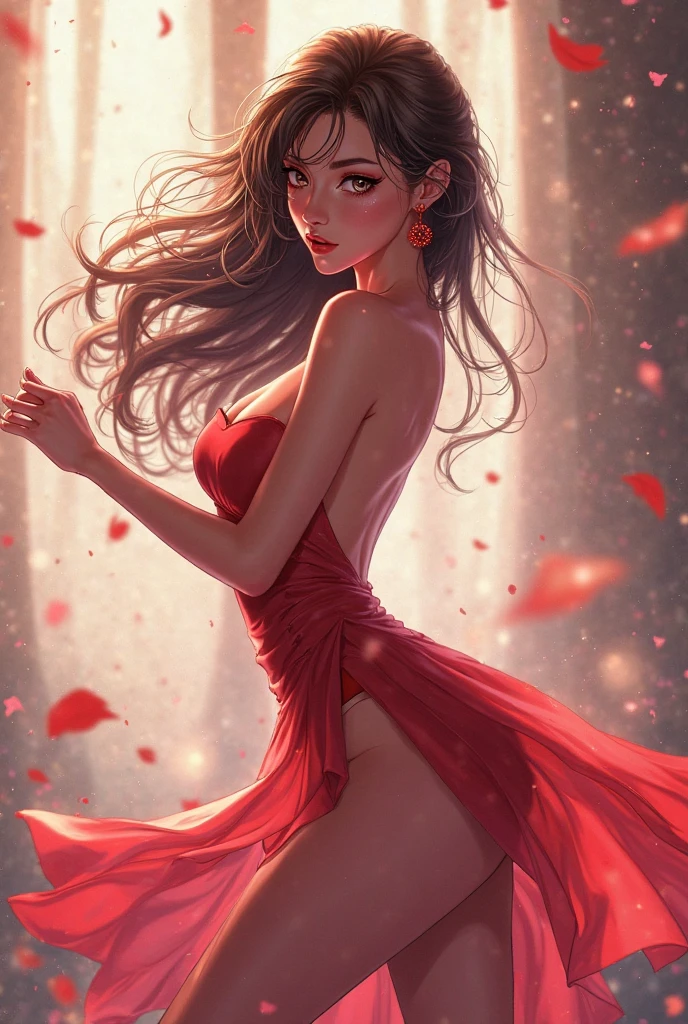 Portrait of a sexy topless 22 year old girl, dark red hair, big yellow-green eyes, plump bow lips, dripping nipples, ballerina frills, Rose field, petals, godrays, sundrenched, deep shadow pattern, realism, watercolor, 4K, High detail