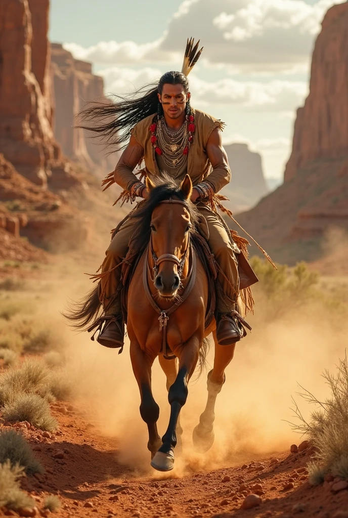 A lone cowboy stands defiantly in the sun-scorched heart of an Old West frontier town, his weathered duster coated in dust, eyes sharp beneath a shadowed Stetson. The horizon blazes with amber and crimson, the desert sun dipping low, casting elongated shadows across warped wooden storefronts, swinging saloon doors, and tumbleweeds skittering over cracked earth. Behind him, a skeletal clocktower creaks in the wind, hands frozen at high noon. The air thrums with tension — fingers hover near holstered revolvers, a wanted poster flaps violently on a splintered post, distant thunder echoes like gunfire. Wide-angle composition, vast arid expanse, dramatic chiaroscuro lighting