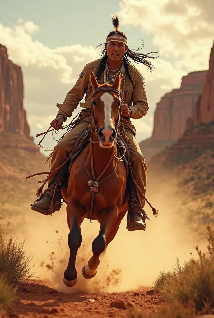 A lone cowboy stands defiantly in the sun-scorched heart of an Old West frontier town, his weathered duster coated in dust, eyes sharp beneath a shadowed Stetson. The horizon blazes with amber and crimson, the desert sun dipping low, casting elongated shadows across warped wooden storefronts, swinging saloon doors, and tumbleweeds skittering over cracked earth. Behind him, a skeletal clocktower creaks in the wind, hands frozen at high noon. The air thrums with tension — fingers hover near holstered revolvers, a wanted poster flaps violently on a splintered post, distant thunder echoes like gunfire. Wide-angle composition, vast arid expanse, dramatic chiaroscuro lighting