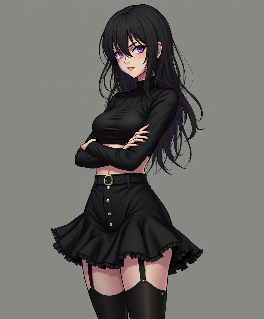 1girl, solo, mature female, (pale skin:0.9), red eyes, black hair, (wavy hair:0.1), messy hair, short hair, hair between eyes, mullet, wolfcut, pixie cut, goth, emo, punk, gothic, black lips, breasts, black biker jacket, black untucked shirts, black skirt, choker, makeup, anime minimalist