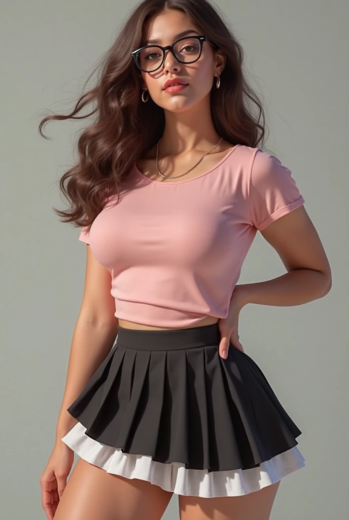 brunette 29 year old arafed woman in a pink skirt and blue shirt holding a folder, full subject shown in photo, feminine in cute pastel shades, pink mini-skirt, pink tight mini-skirt, wearing tight simple clothes, pencil miniskirt, wearing a sexy cropped top, wearing skirt, pink skirt, belly button showing, full body close-up shot