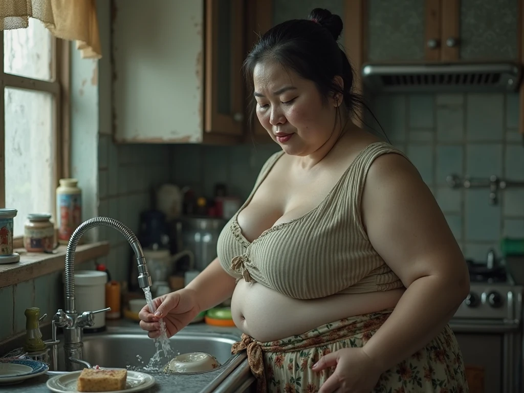 Room strewn with rotten seafood, fat woman in her 20s with face distorted by stench --auto --s2