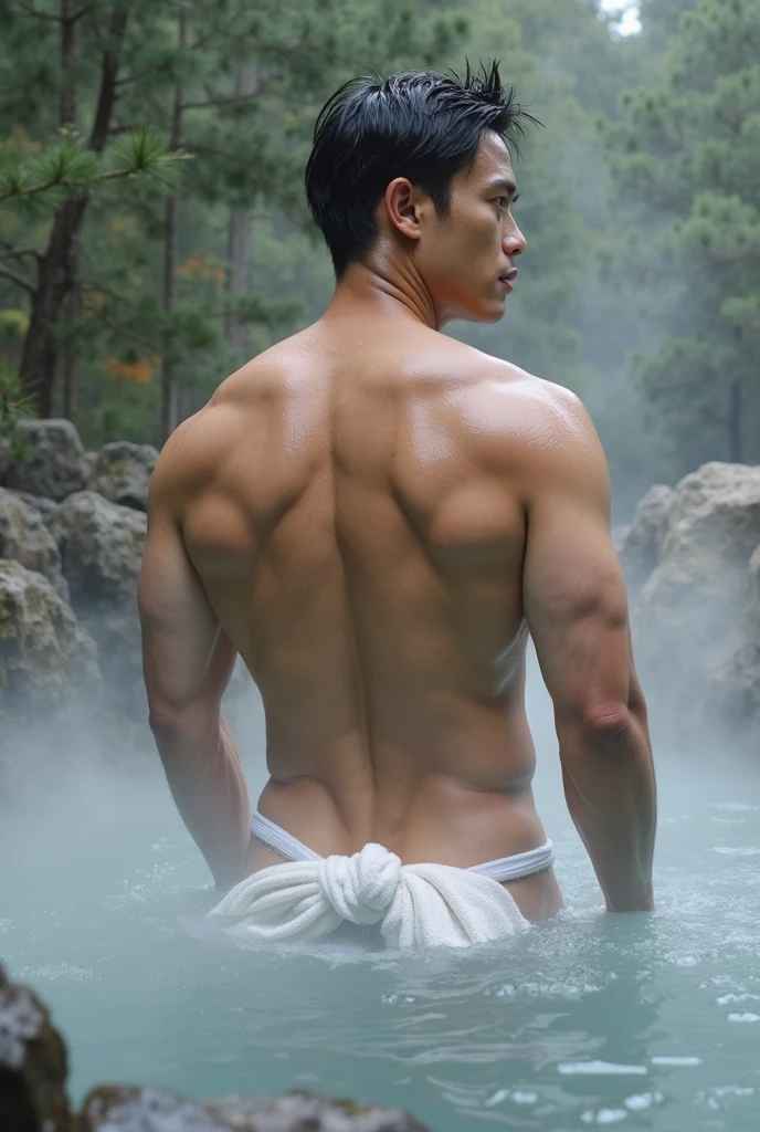 korean men, fit, white skin, Have muscles, Six pack, waterfall, Age 20, Thin see-through panties, Pose, The thin cloth is wet and can be seen., wet, water droplets splashing, 1 leg stepping on stones, A lot of men.