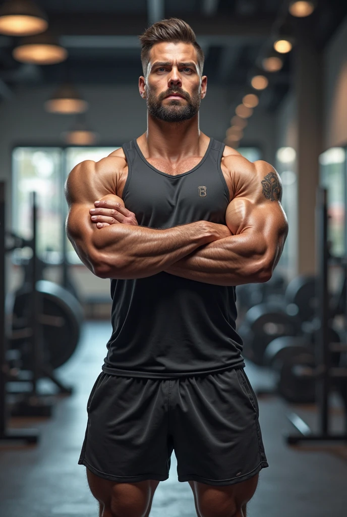 A muscular man with Black tshirt lifting weights 