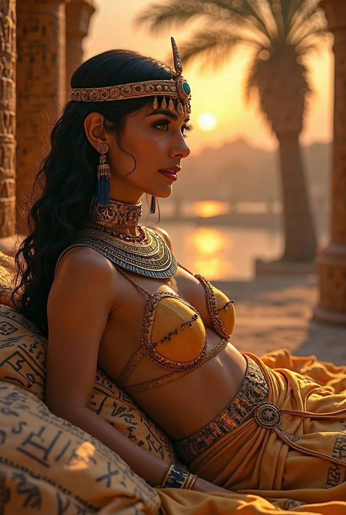 (SFW), (panorama), best qualityer, work of art, small detailed, high resolution, epic historical footage, old bud, details Intricate, 
 a shot of ancient Egypt,      overflowing with gold, precious gems, and magnificent curtains,      Beauthfull, Perfect detailed body, (girls perfect body anatomy :1.2), 
(1 girl:Cleopatra and 1 Cheetah) , standing alone, ( beautiful egyptian female pharaoh queen cleopatra (resting half lying down) on the golden sofa), Lying sideways,          ( with a cheetah lying beside the ,  placed his palm on the cheetah :1.4),       Sphinx, beautiful  face, (busty, hanging large breasts), Waist slender,  [ beautiful hips, Detailed knees and feet ], Thin gold chains,   darkskin, dark hair, shorth hair,          beautiful belly open, Detailed uncovered straight legs, gold breastplayes, chest strap, coveredNipples,  tanga de se dourada, separate fur thong,      Egyptian makeup, half-closed eyes, Languid gaze,      full body view, resting pose, proud and majestic,         Cheetah detailed, detailed face, detailed pupilss, detailed iris of the eyes, detailed colored contact lenses, best 5 finger combo,