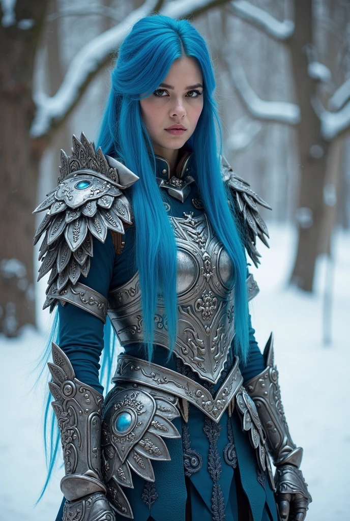 Beautiful detailed girl, clear and beautiful, The character as the main point of view, Radiant skin, wavy hair, Tied up, short hair, beautiful hair crystal detail, ((European style blue battle armor.))Beautiful details, face cold, cold expression, Beautifully-detailed eyes, blue eyes, Full-blown skin texture, Very good 8KCG wallpapers, very fine 8K CG wallpaper, watercolor (Medium), Female warrior, ((blue hair)), (((Full-length cut))), Cat ears, Long knives, ((Traditional blue Hanbok)), Short skirt length, The length of the side part of the skirt is long, Side pattern of the skirt , Skirt with slit in the back, Short at the back of the skirt, Long knives, Traditional sword, Brandishing, Attack stance, Levitation, Moonlight night, (((dark night, Deep night))) (((nature , mountains, wood))), ((Outdoor))