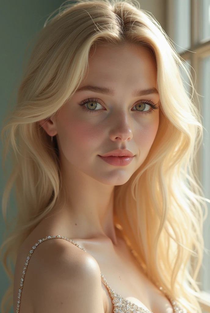 masterpiece, beautiful American woman, 30 years old, bewitching, blonde long hair, brown eyes, light pink dress, accessories, suburb, (pale skin), upper body, detail, high detail, sharp focus, depth of field, photorealistic, ultra high resolution, photo, 8K, (photorealistic: 1.35),