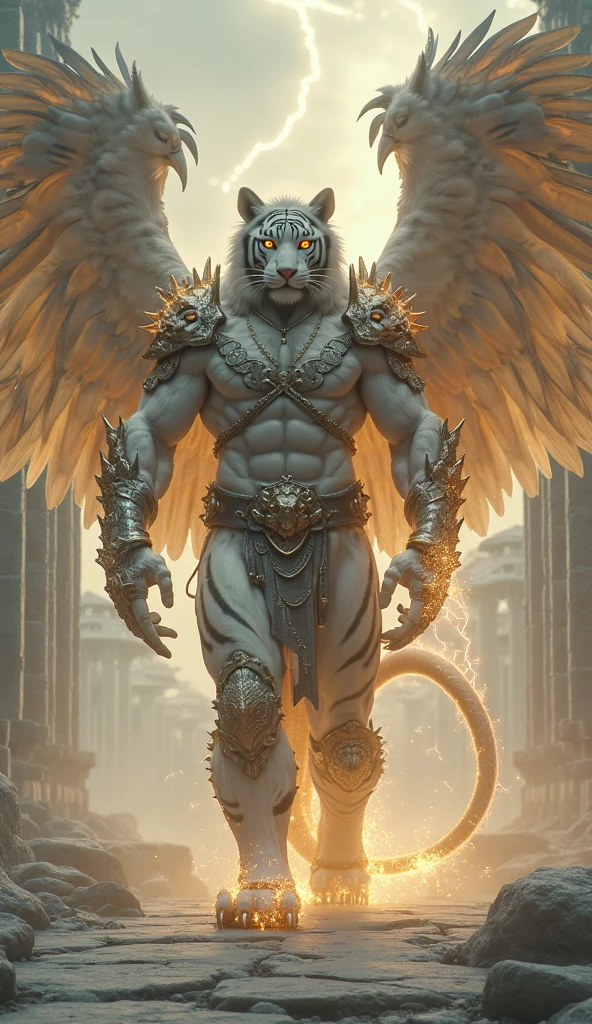 The white tiger warrior has wings in full body armor.. Realistic 4K,Pyramids,Super Detailed, Vray Display, Unrealistic engine, Midjourney Art Style.