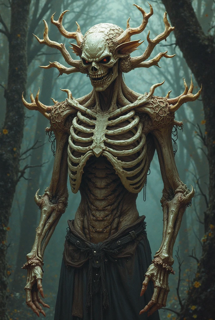 whole body portrait of scary monster made of wood, Le Shen, Deer skull as face, moss, Clothes made of human skin, Wolf as, Dark mysterious forest scenery , fantasy, dark fantasy , medieval, whole body , cinematic, make it , 8K, Unreal Engine, actual, masterpiece, high detail, whole body , science fiction, Low life, Volumetric lighting