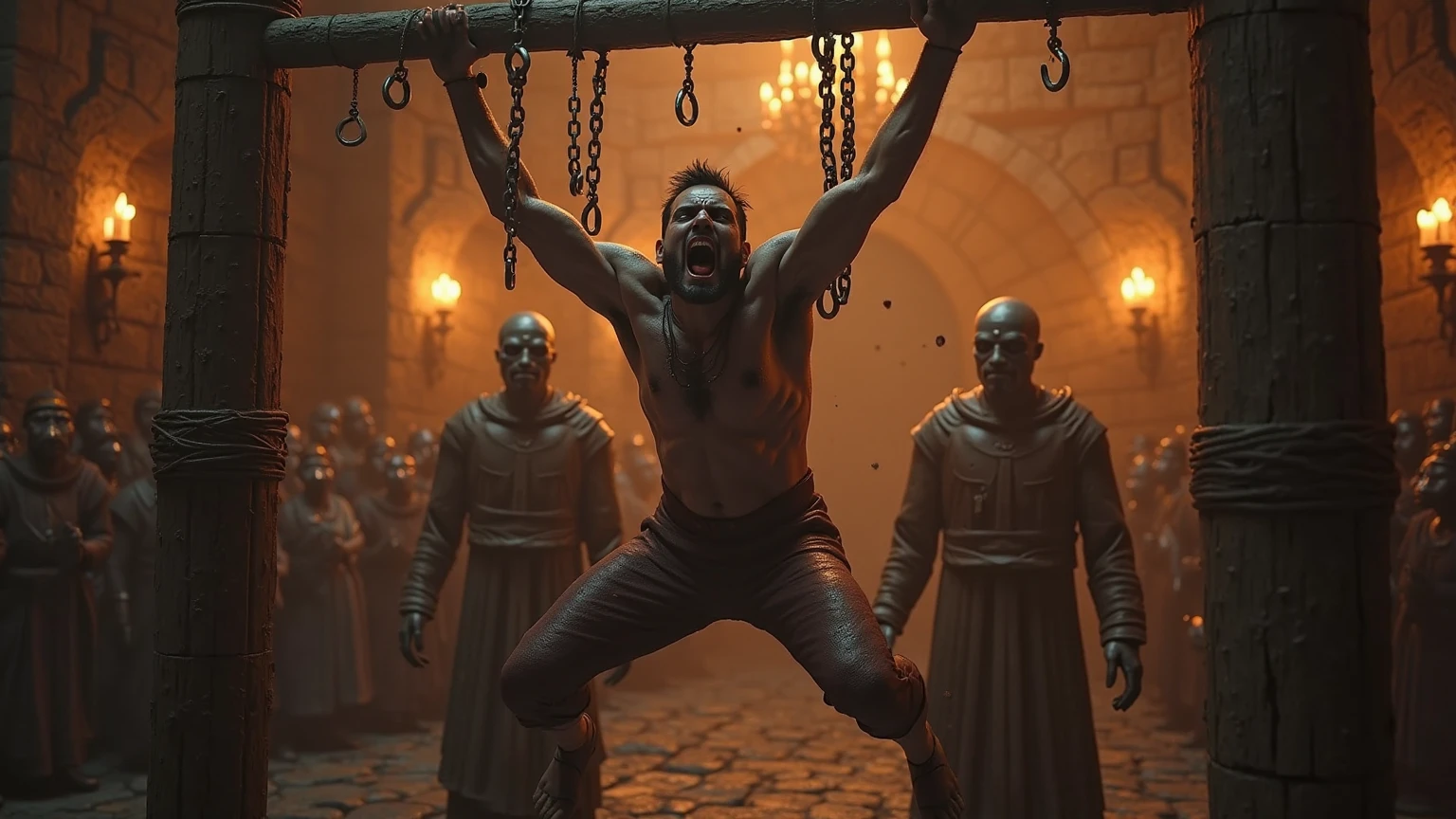 In a dimly lit, cold chamber deep within a dark fantasy palace, Lady Seraphina d’Aurelis stands before the broken rebel leader, Eamon Varis. Both characters appear rugged and dirty, showing the wear of captivity and deception. Eamon, chained and on his knees, gazes up in horror and betrayal, his clothes torn and grimy, reflecting the harsh conditions he's endured. Seraphina, in contrast, wears provocative and seductive clothing that fits the fake role she played—her attire is revealing, designed to lure her victims into trusting her. Her cold, calculating eyes now gleam with cruel satisfaction as she reveals her true, sadistic nature. The chamber is stark, with stone walls and a single flickering torch casting long, eerie shadows. The heavy door behind Eamon, which he believed would lead to freedom, now stands sealed shut. Seraphina’s lips curl into a mocking smile as she prepares to unleash her final, torturous methods on the broken rebel. The scene is tense and foreboding, capturing the moment of ultimate betrayal and the dark pleasure Seraphina derives from her sadistic work. The depiction should be in a realistic, dark fantasy style, emphasizing the emotional intensity, rugged appearance, and sinister atmosphere of the moment.