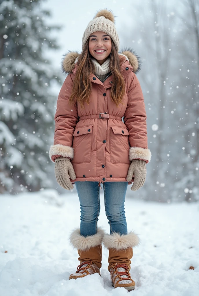 ultrarealistic high quality photo of a beautiful young busty european woman with cute face and brunette with dyed pink-white streaks long messy bob and beautiful smile, round steel-blue eyes, winterwalk in a full downsuit, full body outdoor photography