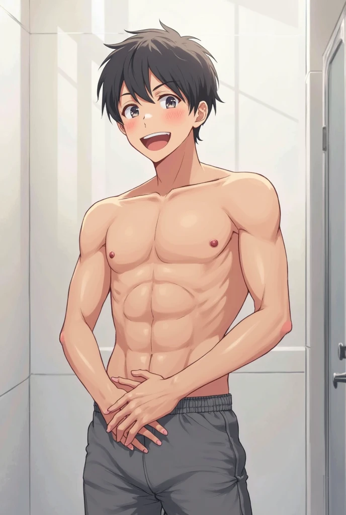 Shirtless smiling anime man taking off his boxers with big bulge and his pubic hair is visible