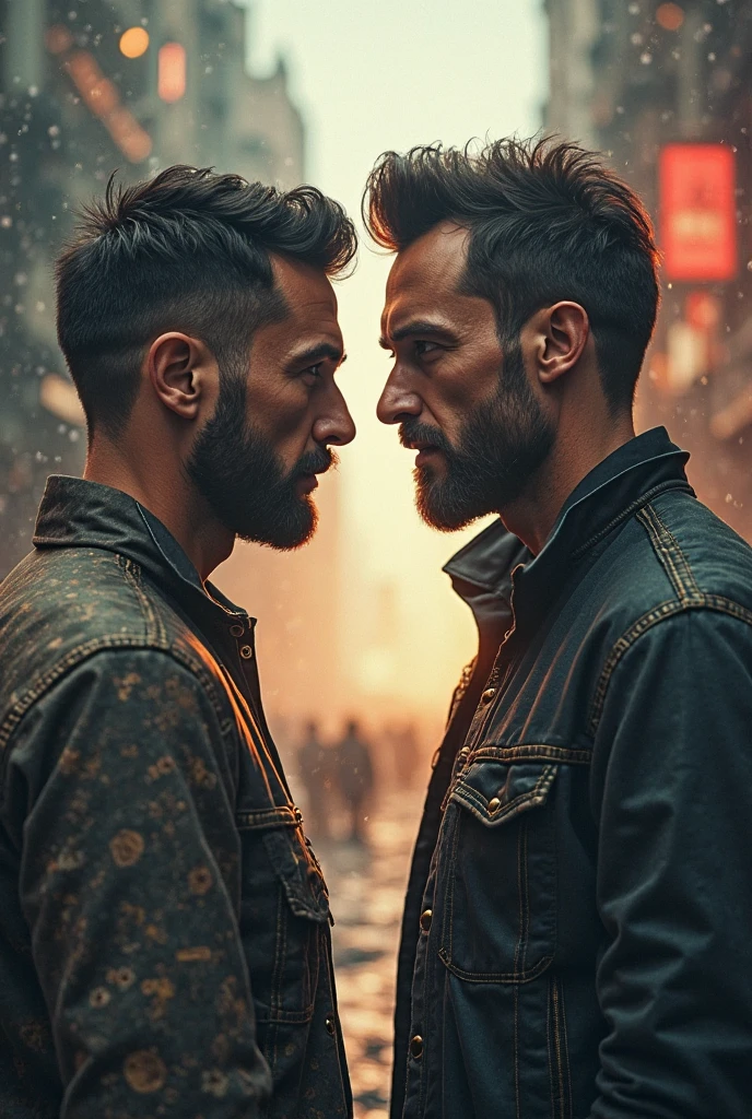 forbidden love, masterpiece, best quality, 2boys, beards, rough, dirty, Mancunian, mean, bullies, druggies, skinheads, in the neighbourhood, , soft kiss , realistic, dramatic lighting, atmospheric, intricate detail,