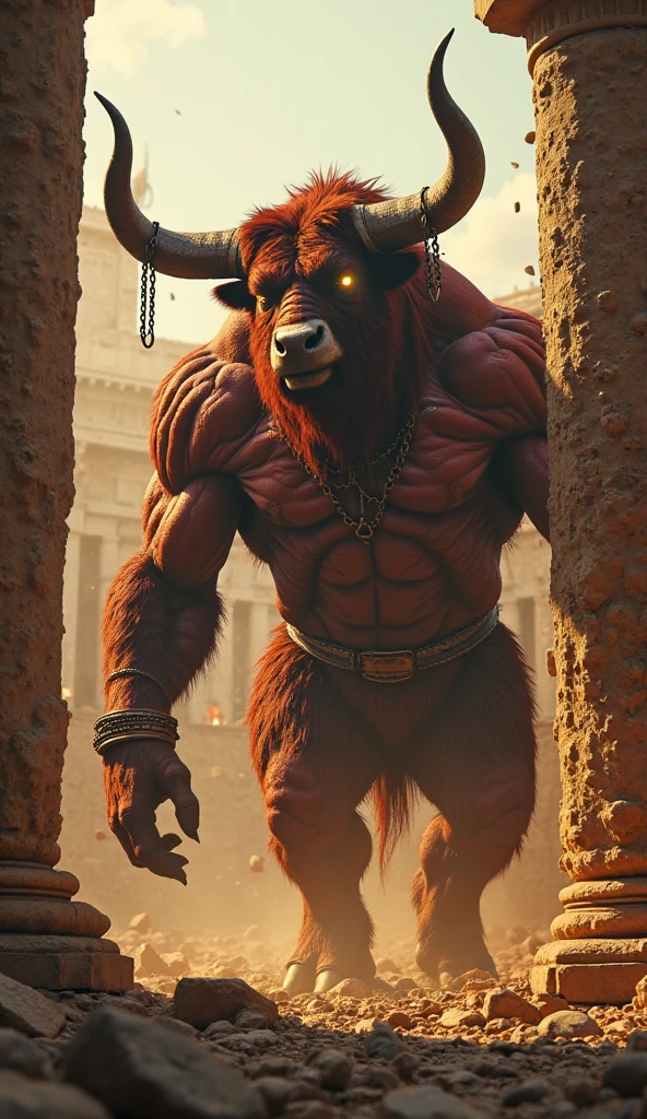 real e621, photorealistic, masterpiece, bull anthro, sharp green eyes, full body portrait, solo, masterpiece, anthro, male, medium-length horns, tan colored horns: 1.5, bovine tail: 1.2, muscled body, hooves, tan colored hooves: 1.5, hooved fingertips: 1.25, two-tone fur, detailed fur, brown and white furred body, black nose, stoic expression,