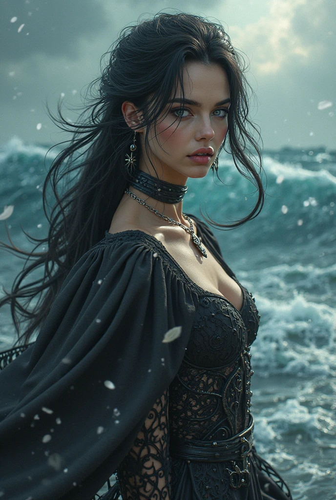 (Masterpiece.UHD.photorealistic..) (full body shot) an ultra hot gorgeous European woman. Age 23. Gorgeous face. Epic cleavage. Huge breast. (100 E size). (Random wavy hair color). She’s a dark horrific ghost pirate captain. Evil look. Ethereal. Intricate details.on a black sand beach. Cliffs on left side of the picture. Stormy weather.lightning. Strong sea. Waves. Dark clouds. low key, dark blurry background