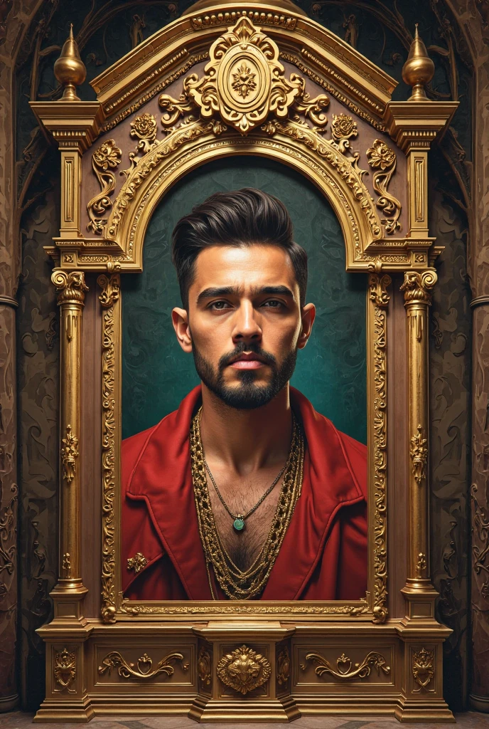 Dark brown long hair fluffy and curly, amber colored eyes, A tanned young man, Clean-shaven face, red blouse with wide sleeves and gold patterns, tight pants, стилистика dark fantasy. gold jewelry, rings, glasses with dark lenses.