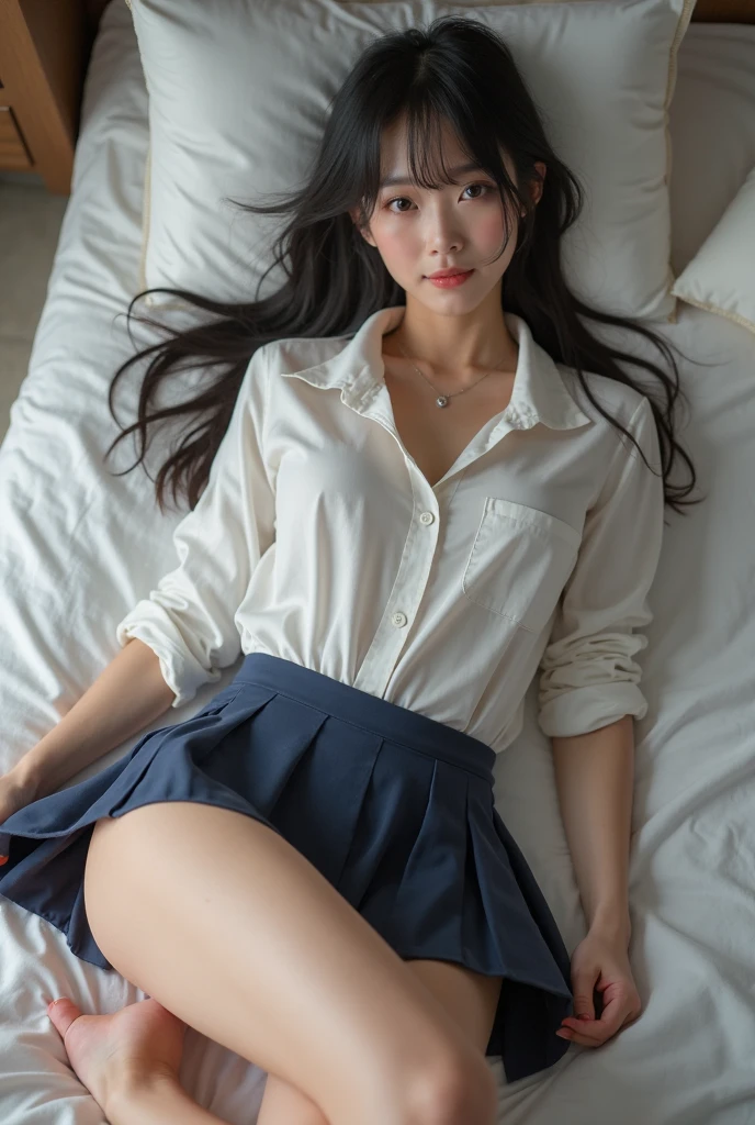 White blouse isolated on white background、Ribbon Ties、a blue skirt、Wear folded white socks、One woman in Japan with faint smile lying on white bed isolated on bright white background、Perfect Anatomy
