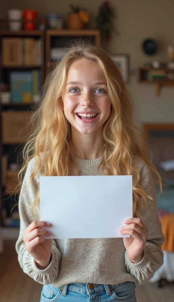 realistic teen girl in white background who holds vertical sheet of paper and shows it and very happy
