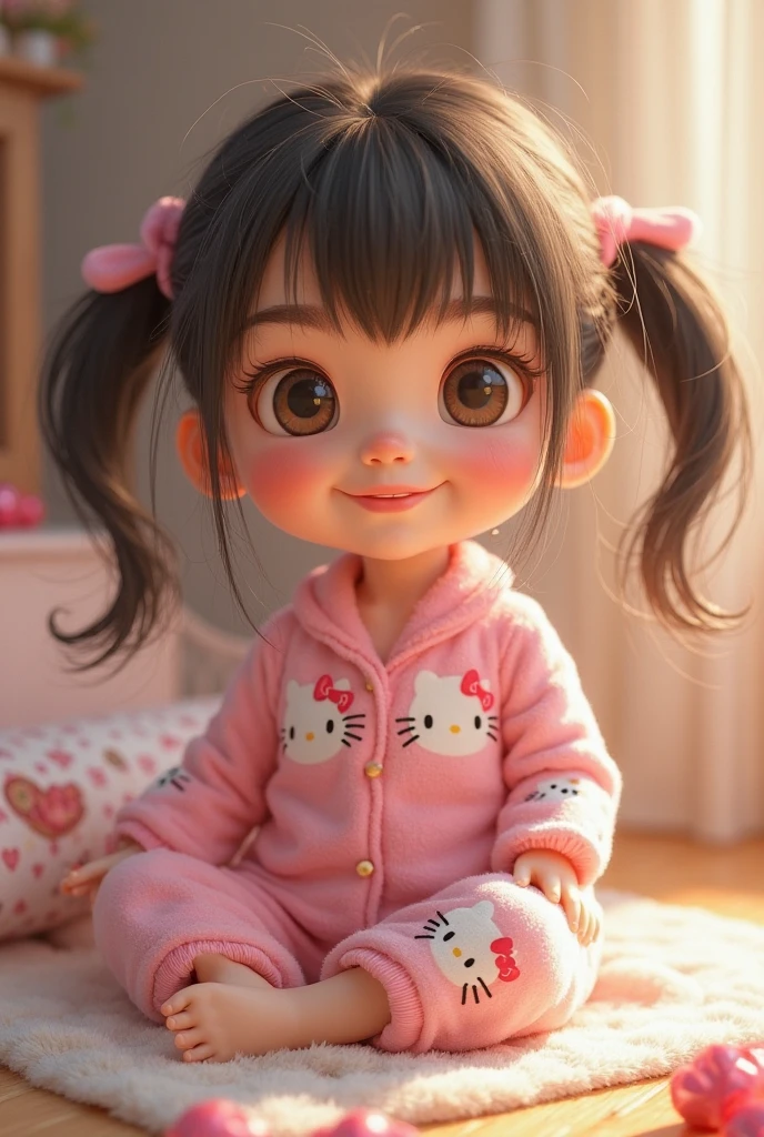 Young girl, hello kitty costume, lies on table, realisti, Permissive, big boobs ,