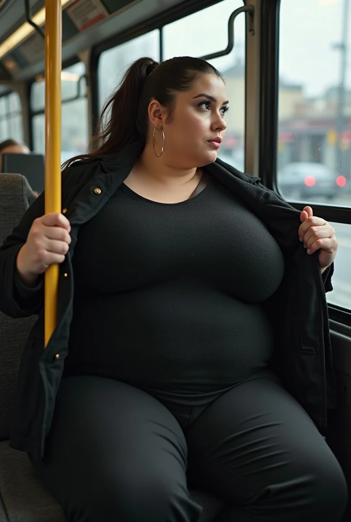 ((8k)), Highest quality, 超High resolution, (High resolution), ((Chubby woman)), Japanese, Double chin, Overweight, Very fat, ((Chubby)), on the train, Sit in your seat,suit,Tight mini skirt, (from below:1.3), (looking down, watching at Viewer:1.3)