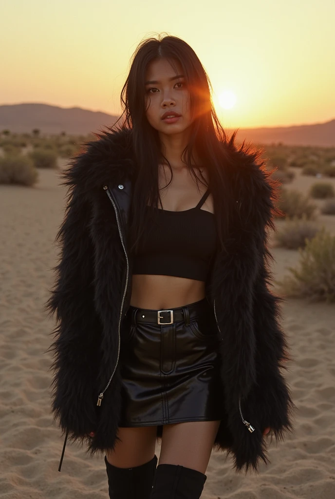 Masterpiece, superlative, realistic, Jennie wearing black torn knitwear, knitted hip skirt, open waist, bare shoulders, cleavage, layered, long legs, wasteland punk style, background is wasteland, desert, wind and dust details are complex, HD, photography lighting, 16k