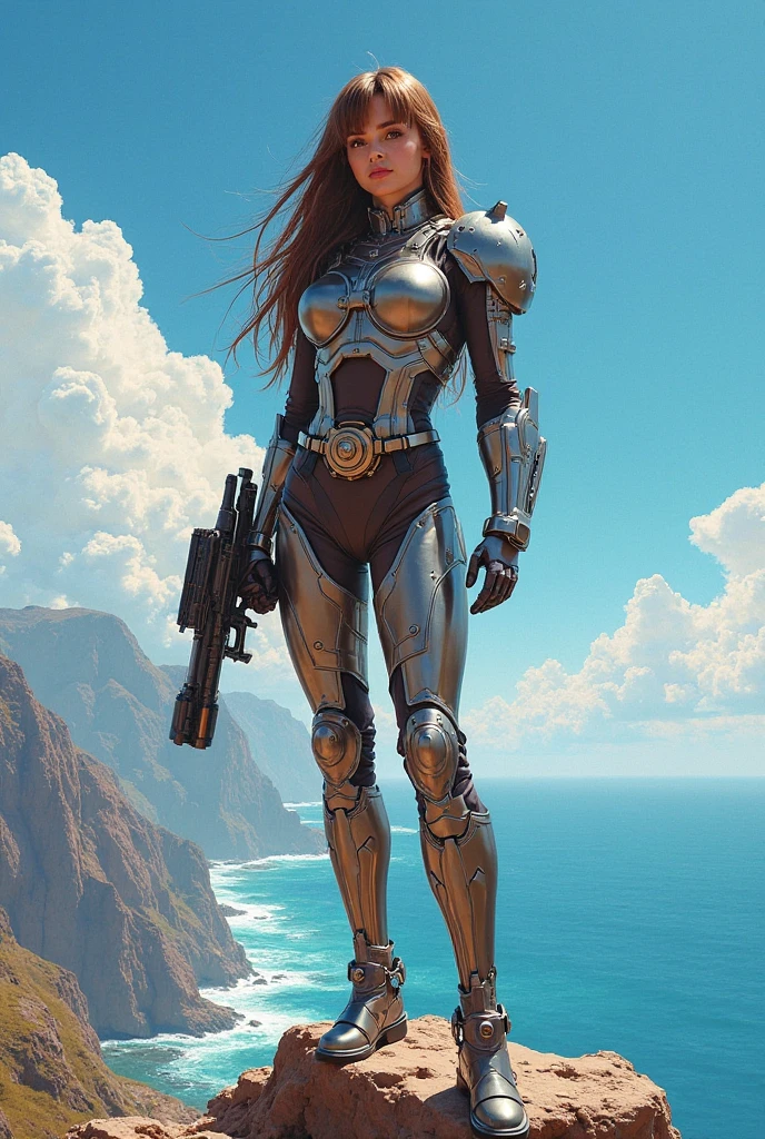 (watercolor painting by singer sargent), 1girl , a female mature warrior standing on the shoulder of a giant iron robot, curvy woman, cleavage,high heels , farmpunk style, holly armor, long fair hair, fair skin, large sword,