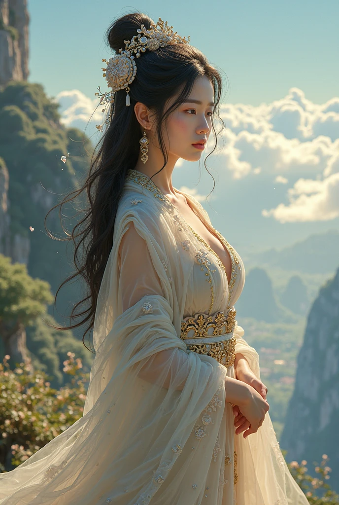 1girl,chinese,mythical,posing with dragon,enthusiastic,beautiful eyes,mountainous area,misty,ancient china,huge breasts,overwhelm with details,(best quality,4k,8k,highres,masterpiece:1.2),ultra-detailed,(realistic,photorealistic,photo-realistic:1.37),traditional costume,artistic,historical,folklore,dreamlike colors,dynamic lighting,serene atmosphere,graceful movements,sharp focus,wisps of clouds,tail of the dragon,flowing robes,ornate accessories,subtle patterns,ethereal hairstyle,illuminated lanterns,gorgeous backdrop,extraordinary depth,ancient architecture,sublime scenery,majestic mountains,touch of mystery,sublime beauty