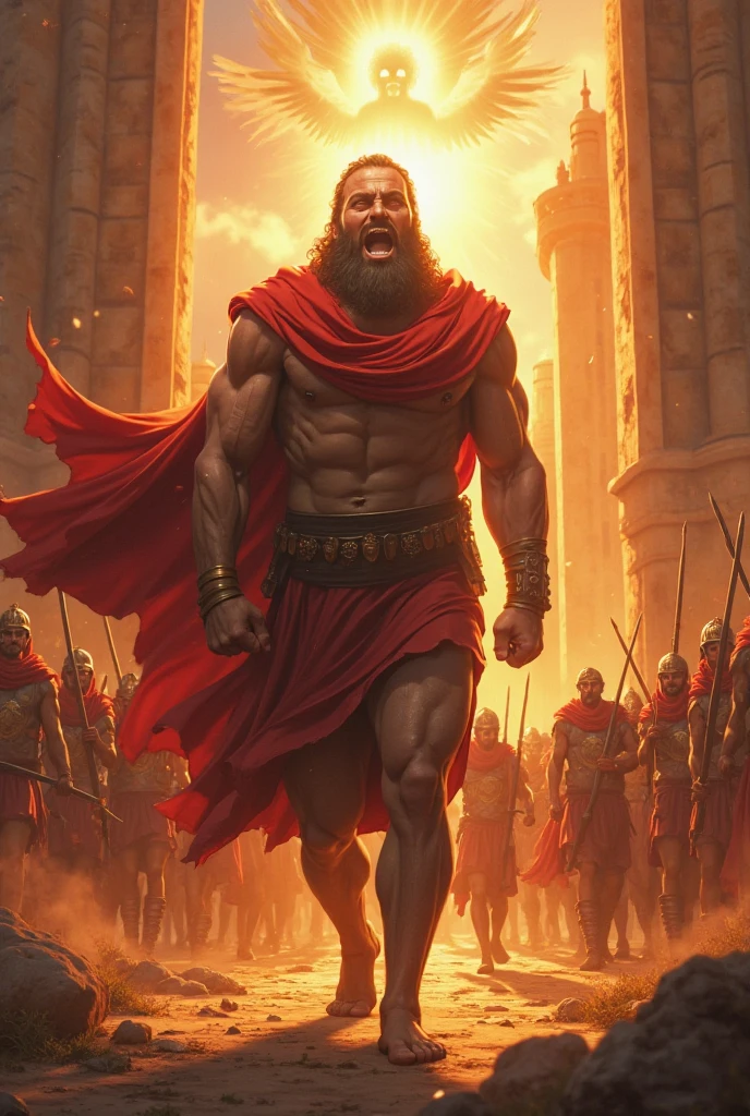 The arena falls silent as the mighty Ares steps forth, his muscular form casting an imposing shadow. His eyes burn with the intensity of a thousand battles as he scans the crowd, daring any challenger to face him. With a thunderous roar, he raises his fists, ready to unleash his fury upon any foolish enough to stand against him.