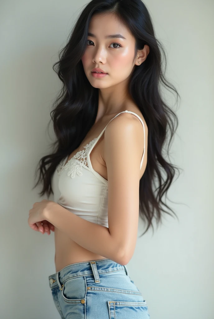 Tzuyu 1, woman, (realistic), (hyper realism), (photorealistic), Depth of the bounds written, eye make up:0.7 (whole body:1.2), (tight waist), looking at the viewer,at the racing track, lace queen, Sexy costume with open shoulders and chest