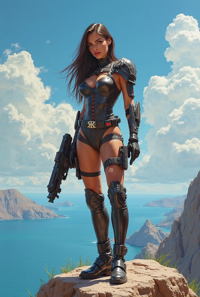 an attractive female bounty hunter standing in a fantasy wilderness (alientemple:1) <lora:djzAlienTemple_LB2:0.8>