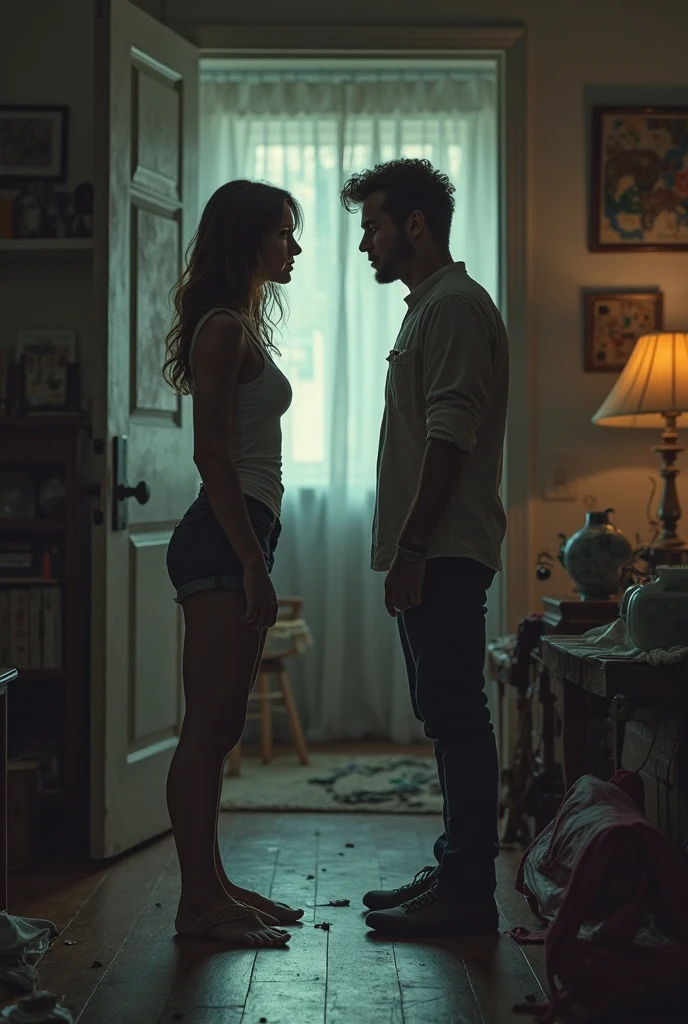20 year old man getting embarrassed because his cousin saw him having morning wood while he was standing while his cousin is laughing at him next to his bed and she has a very sexy body and is half naked