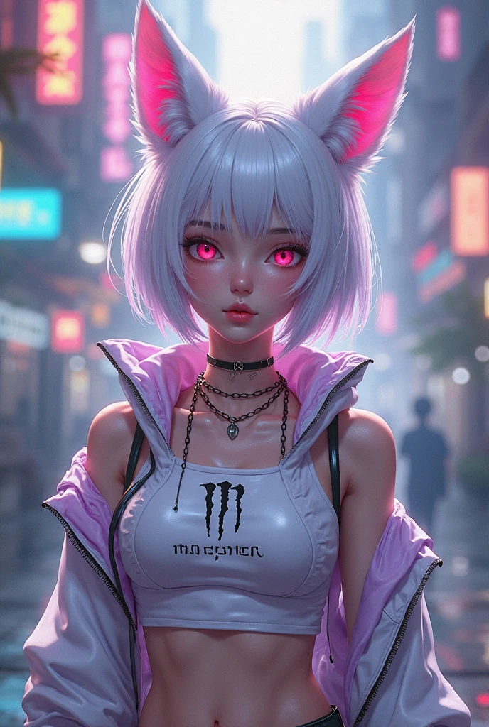 detailed textures, high quality, high resolution, high precision, realism, color correction, correct lighting settings, harmonious composition. Stunning anime girl with an intricate tattoo on her neck., radiating elegance and beauty.,in the style of neon realism, indigo and light black, Gothic modern, anime cat character design, dark white and indigo, bold but elegant, cyberpunk manga, in neon city, with neon lights,cat girl, detailed costumes --AR 3:4